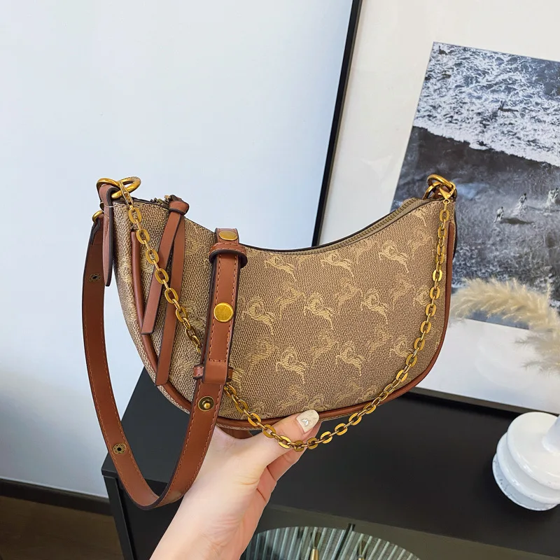 

Fashion crescent-shaped vintage print lightweight chain lady's shoulder bag crossbody bag
