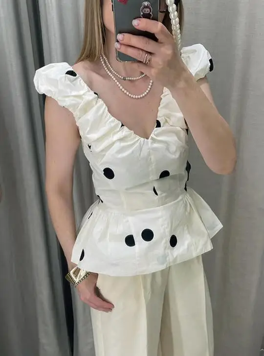 Polka Dot Mini Dress Retro A Line Puff Sleeve Waist Cinching Party Style for Women - White Top