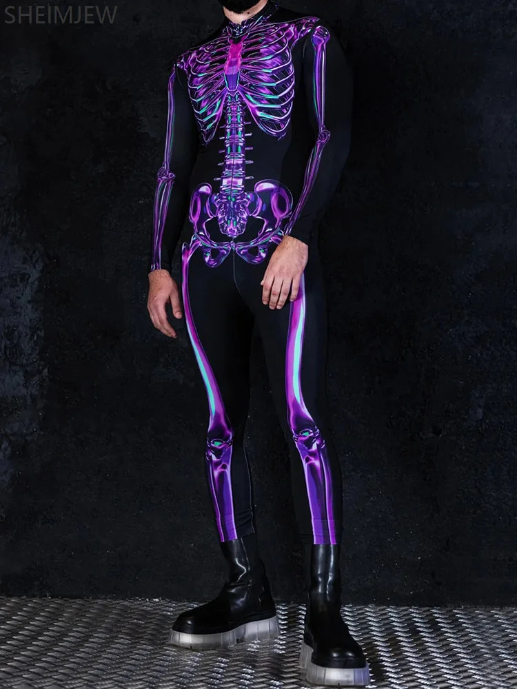 Unisex Sexy Purple Skull Print Jumpsuit Halloween Horror Zombie Cosplay Couple Bodysuit Festival Party Zentai Suits Rave Outfits