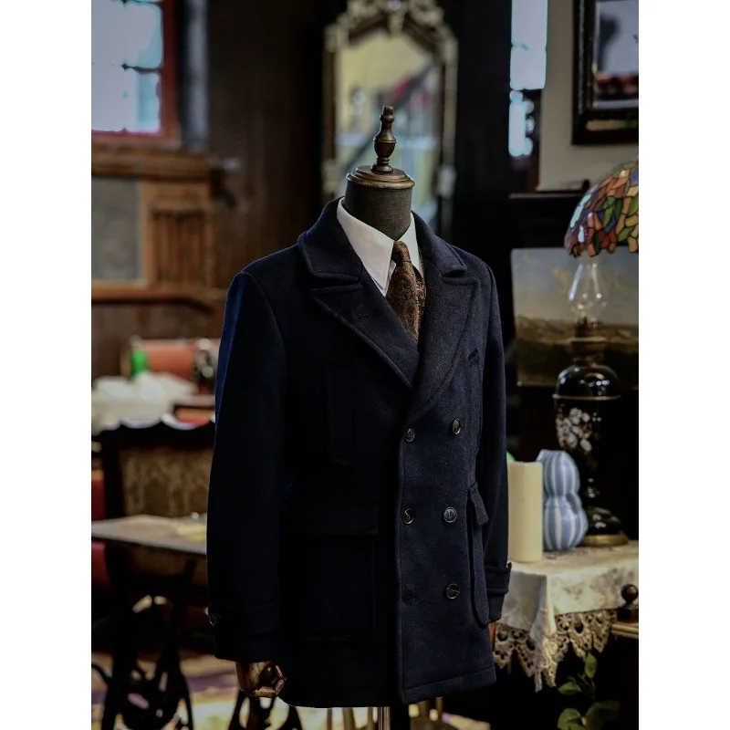 

British Autumn/Winter Men's Thickened Woolen Coat Retro Heavy Classic Navy Slim Double Breasted Coat Lothing Coats for Men