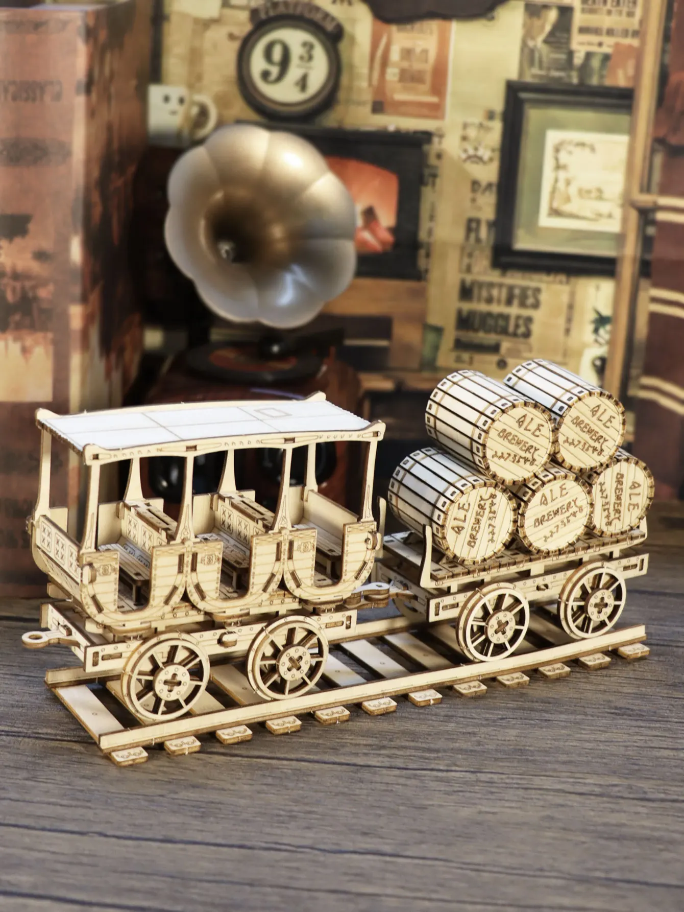 3D Wooden Wine Cart Puzzle Assembly Kit Patience Game Home Decor Model Holiday Gift