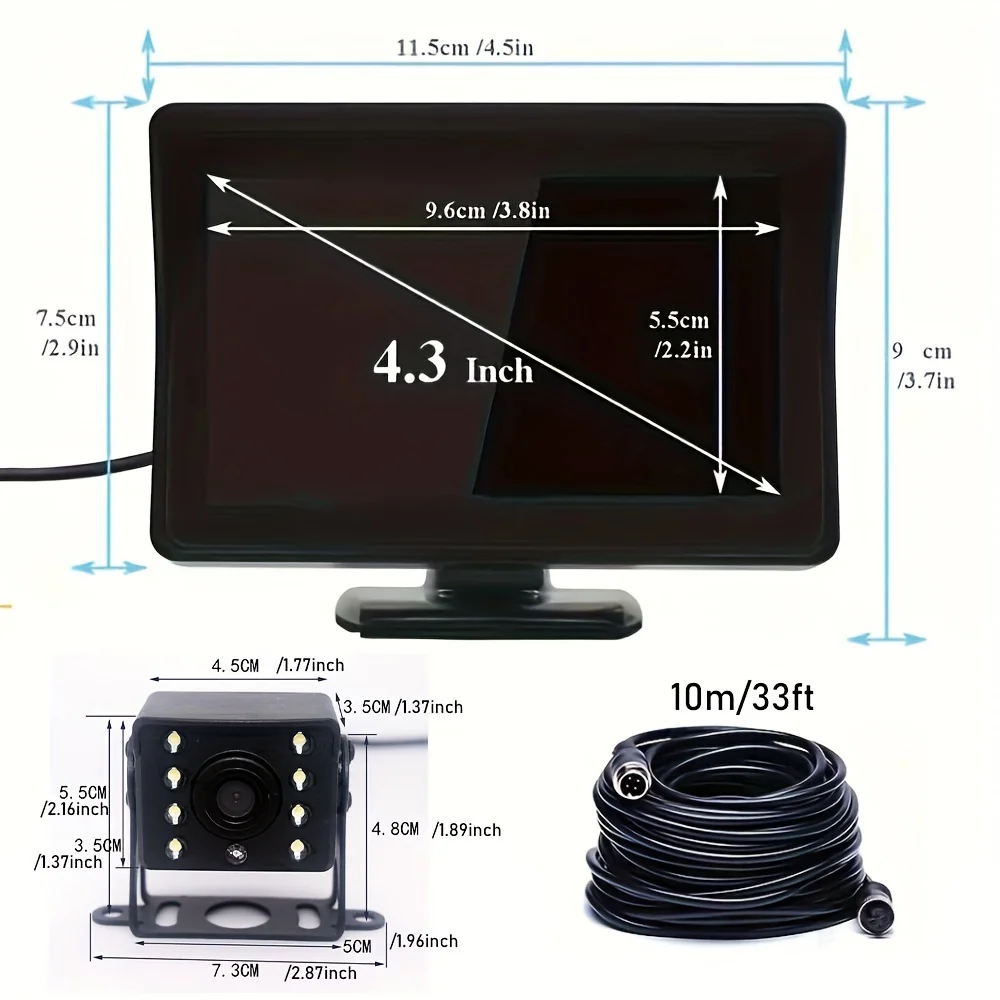 Car Rear View Backup Camera Kit with Monitor 4Pin Cable Heavy Duty Camera for RV Bus Truck Trailer 12V/24V Easy Installation