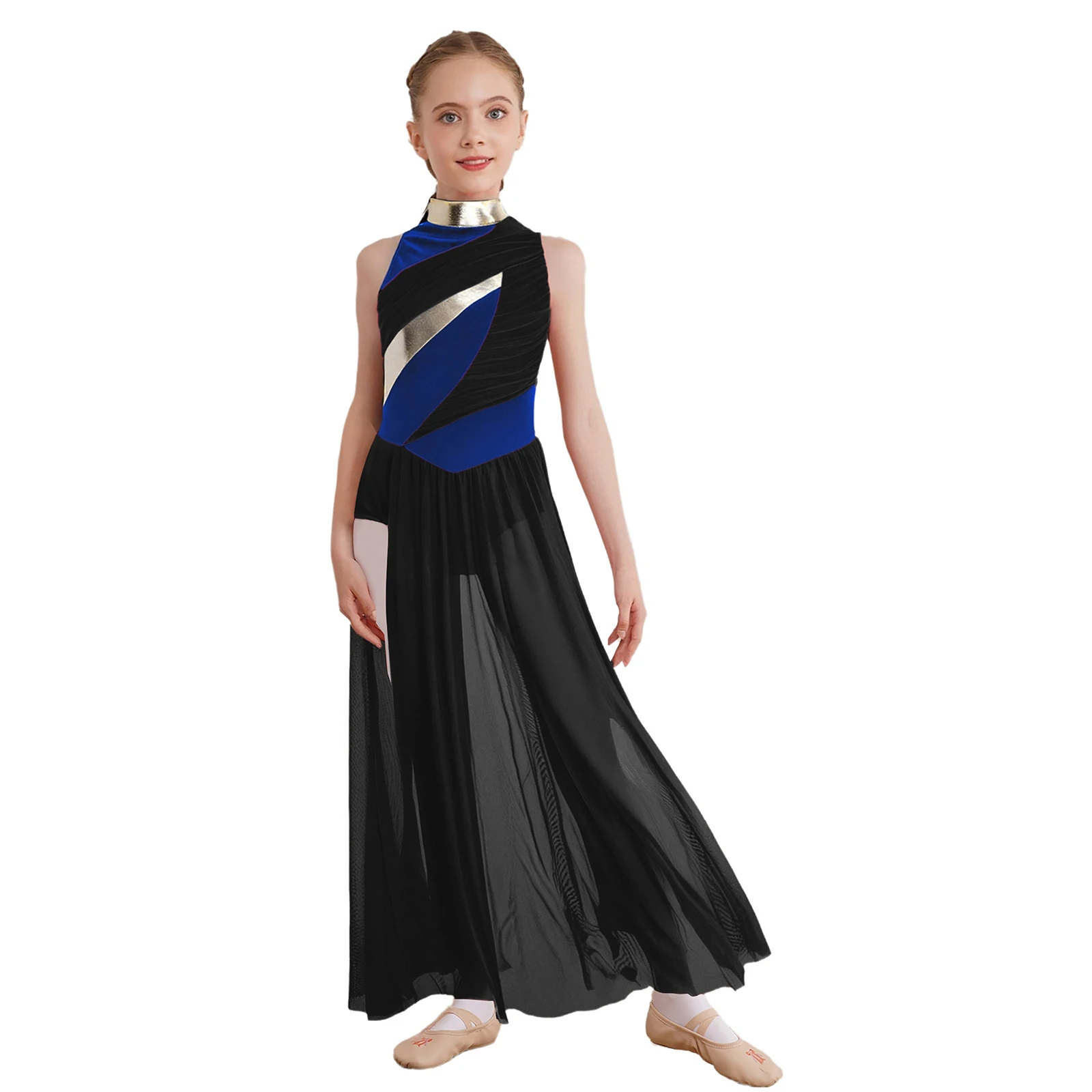 

Kids Girls Lyrical Praise Dance Dress Sleeveless Ruched Mesh Overlay Bodice Split Color Block Leotard Dress Ballroom Dancewear