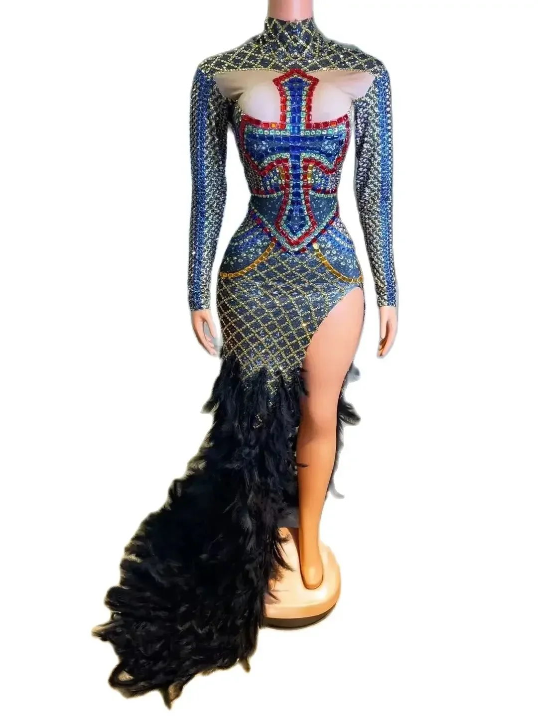 여성용 반짝이는 롱 라인스톤 DJ DS 고고 댄서 드레스 공연 무대 의상 깃털 드랙퀸 코스튬