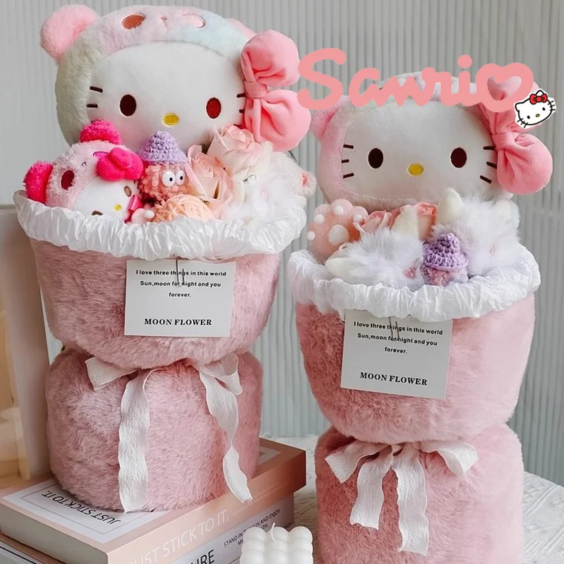 Sanrio อนิเมะ HelloKitty ช่อดอกไม้ของเล่นตุ๊กตาน่ารักยัดนุ่นช่อดอกไม้ hiasan kamar ตุ๊กตาเด็กผู้หญิงของขวัญวันวาเลนไทน์