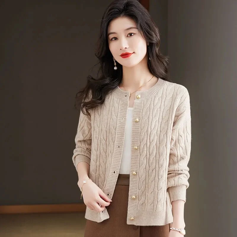 100% Mink Cashmere Cardigan Sweater Women\'s Knitted O-Neck Long Sleeve Top Casual Loose fitting Clothing Korean Fashion Pullover