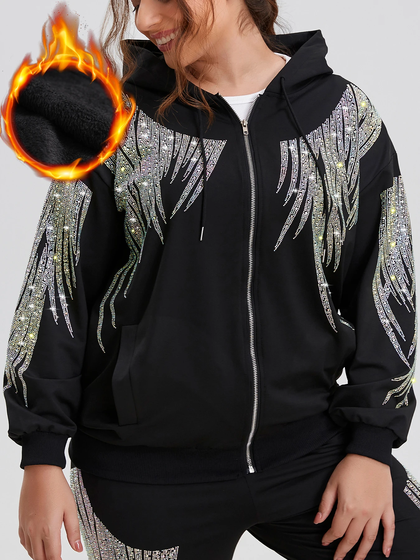 Plus Size Zip Up Women Hoodies Fleece Rhinestones Graphic Jacket Warm Soft and Thick for Winter Hooded Sweatshirt Relaxed Fit