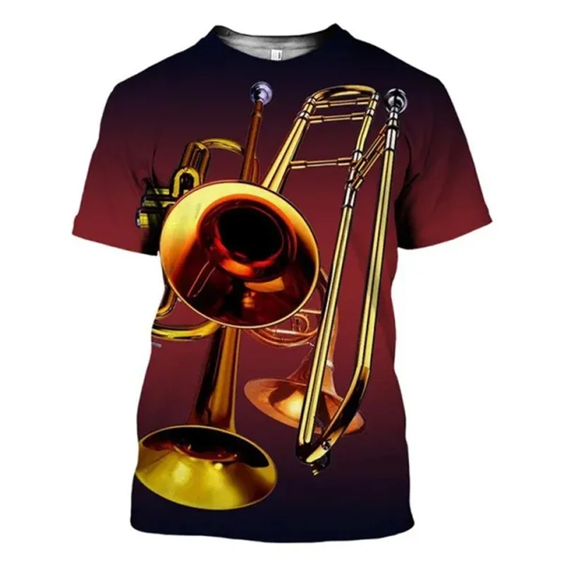 Jazz T-shirt 3D Print Sax Guitar Clarinet Men\'s T-shirt Classic Music Instruments Short Sleeve Hip Hop Harajuku Casual Tees Male