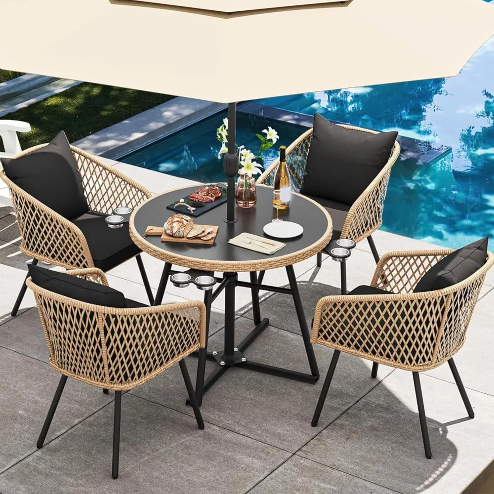 

5-Piece Outdoor Dining Set, Rattan Patio Dining Set for 4 with Cup Holders Soft Cushions and Glass Top Dining Table