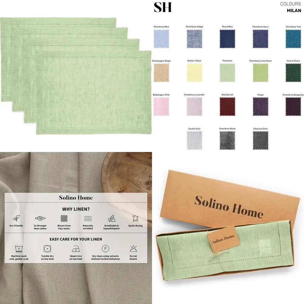

Solino Home Linen Placemats Set of 4 - Milan Hemstitch Pistachio Placemats 14 x 19 Inch - 100% Pure Linen Table Mats for Holiday
