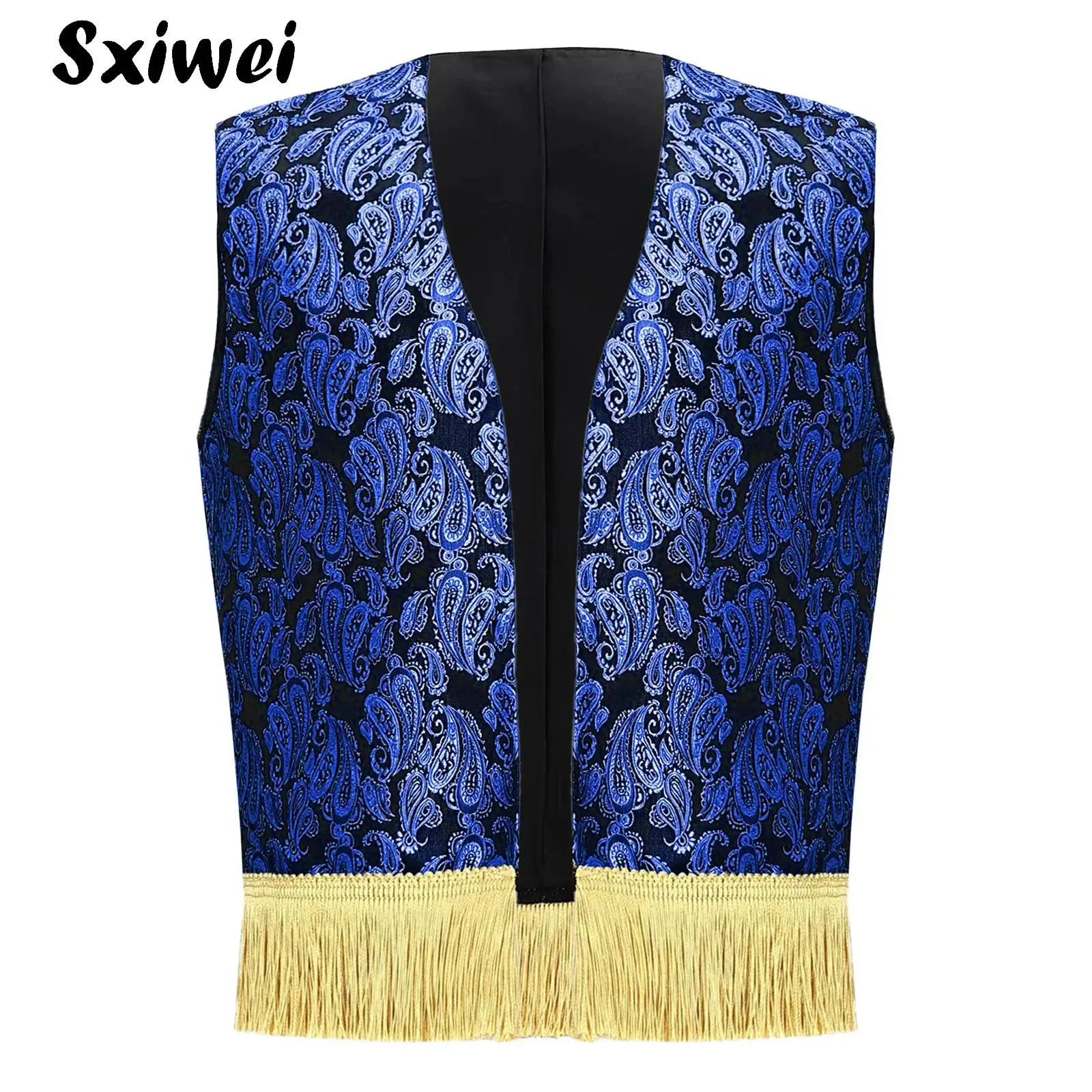 

Boys Arab Prince Costume Open Front Waistcoat Print Fringed Vest for Halloween Cosplay Carnival Theme Party Stage Performance