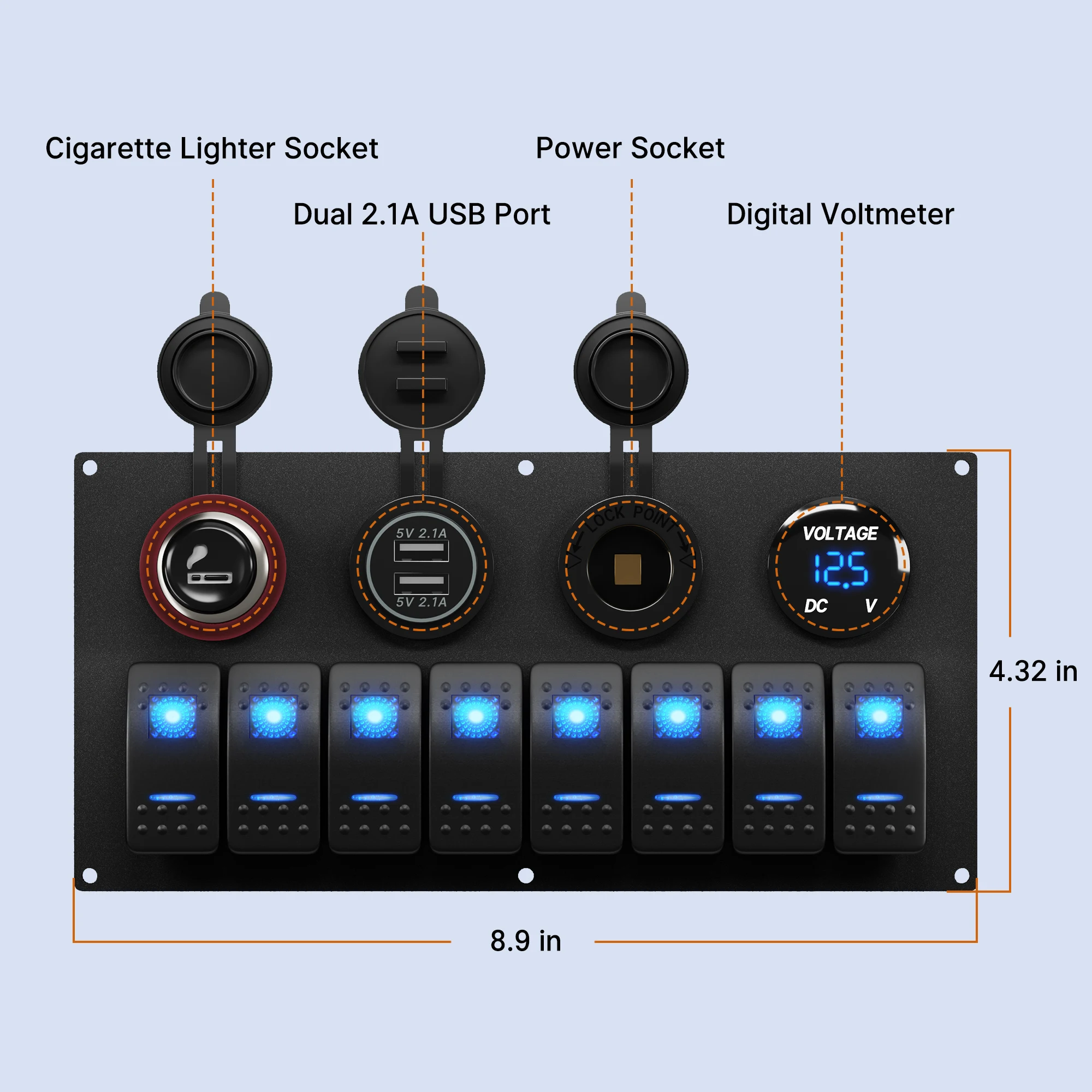 DaierTek Marine Boat Switch Panel Waterproof 8 Gang 12V Rocker Switch Panel Blue LED Lighted for Automotive Car Truck