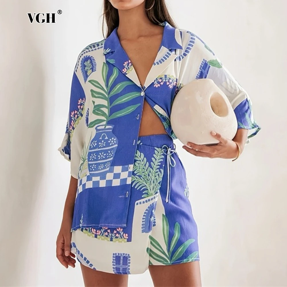 

VGH Casual Holiday Printing Two Piece Set for Women Lapel Three Quarter Sleeve Top High Waist Spliced Lace Up Skirt Suit Female