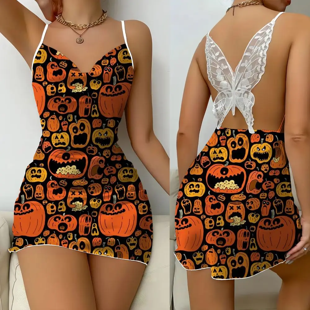 Vestido estampado com bainha caveira, Halloween Party Dress, Série Pumpkin, Borboleta decorada, Pijama preguiçoso, Vestido sem costas, Horror, Seda, Preguiçoso