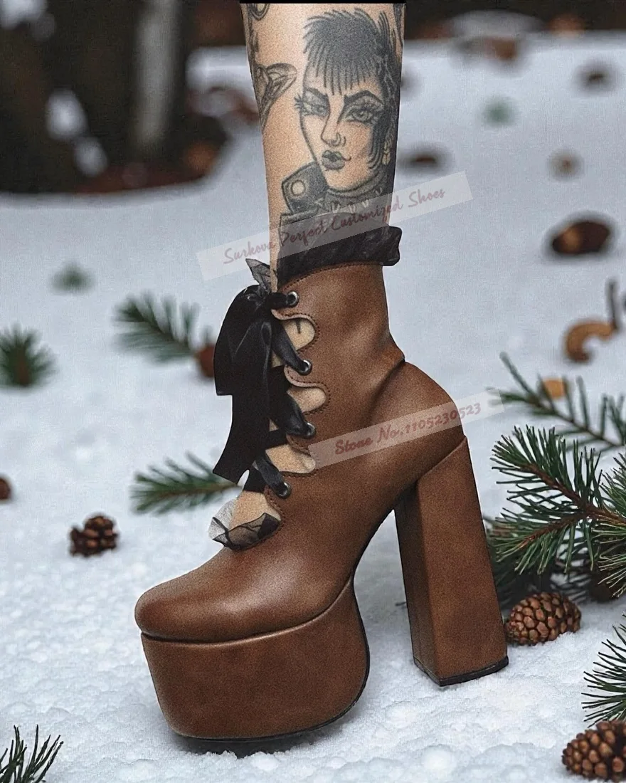 

Brown Matte Chunky Heel Platform Ankle Boots Ribband Lace-Up Booties Elegant Ruffle Embellished Dress Shoes Checkered Pumps