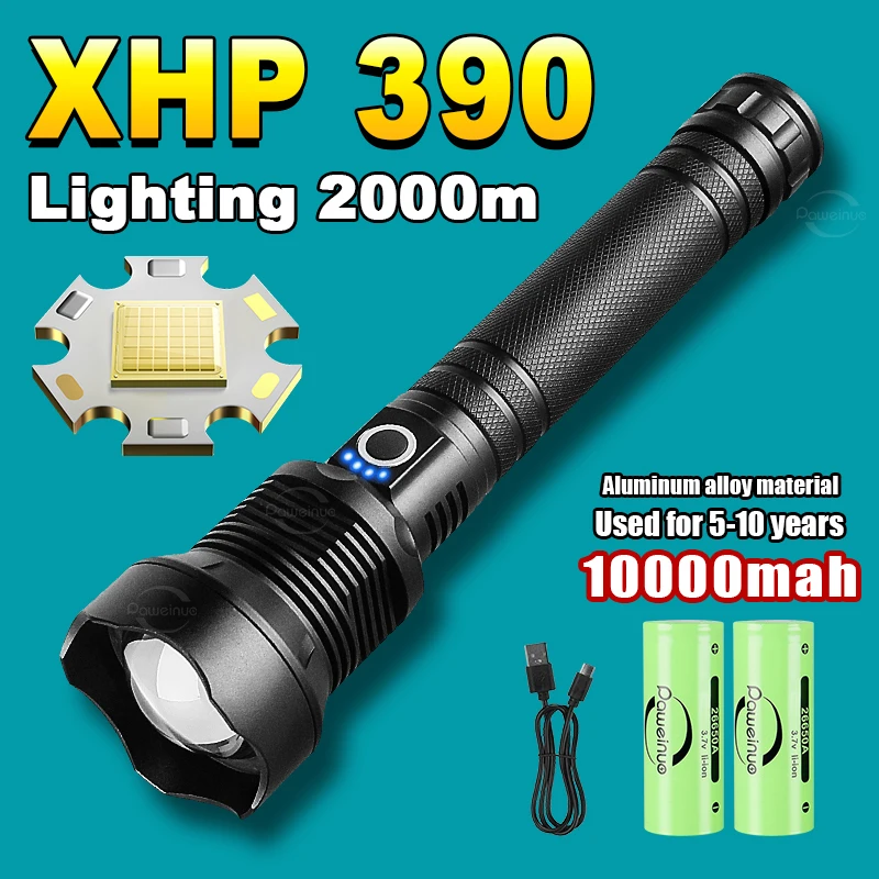 NEW Strong Light Flashlight XHP390 Wick Telescopic Zoom 10000mah Rechargeable Tactical Lantern Self Defense Most Powerful Torch