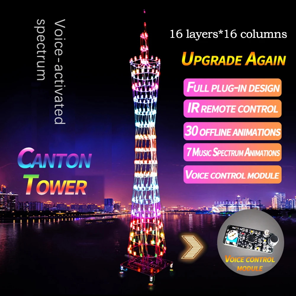 

Voice Control Colorful 16*16 LED Canton Tower Cube Kit spectrum LED Remote Control Electronic DIY Kits Music Spectrum Soldering