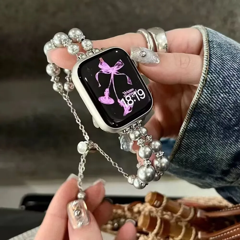 

Металлический женский изысканный ремешок для IWatch 7, 8, 9, 38/40/41/42/44/45/46/49 мм для Apple Watch Band SE Ultra 2, браслет с нерегулярным жемчугом