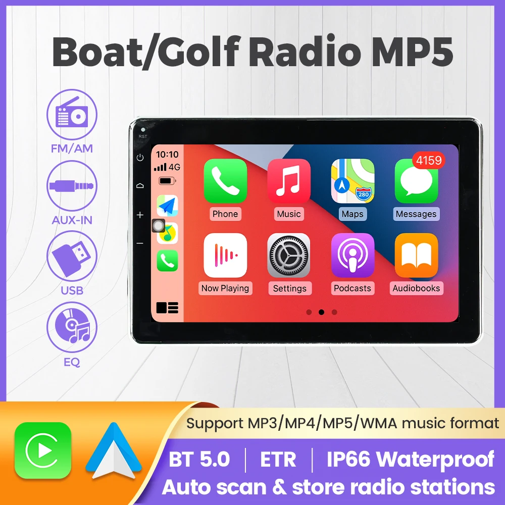 

Boat Radio 7Inch CarPlay Android Auto Screen Marine Audio Media MP5 Player FM AM Receiver Waterproof AUX USB for ATV UTV SPA RZR