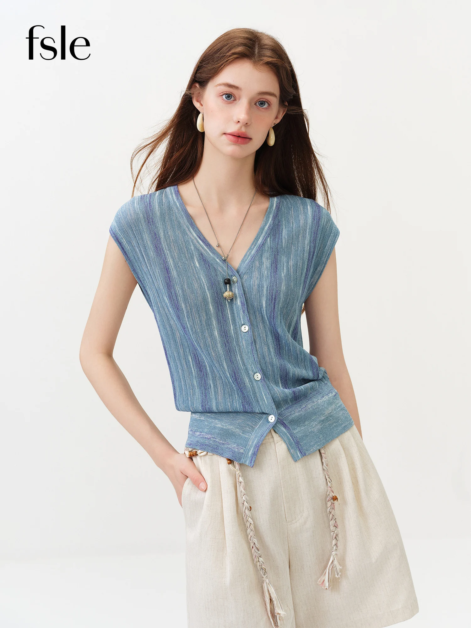 

FSLE 2026 Summer Women's French-Inspired V-Neck Color Block Sleeveless Top - Variegated Knit for Daily and Summer Layering