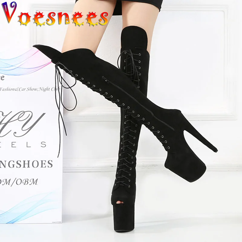 20CM Suede Platforms Over-the-Knee Boots Fashion Ultra-high Heels Models Walking Show Shoes Lace Up Sexy Pole Dance Women Pumps