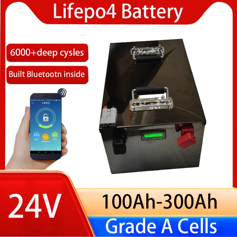 

24V 100Ah 200Ah 300AH LiFePO4 Battery Pack Built-in Bluetooth BMS Lithium Iron Phosphate For Solar RV Home Storage Boat