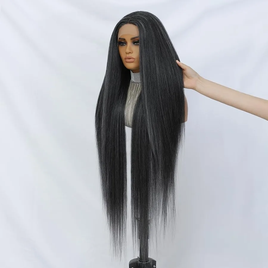باروكة دانتيل مستقيمة 40 بوصة مع لون مختلط أسود ورمادي للنساء والفتيات ألياف مقاومة للحرارة طويلة للغاية بدون صمغ P