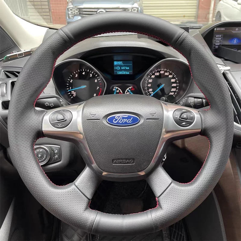 

Car Steering Wheel Cover for Ford Focus 3 2012-2014 C-MAX 2011-2014 KUGA Escape 2013-2016 Diy Hand-sewn Sewing Genuine Leather
