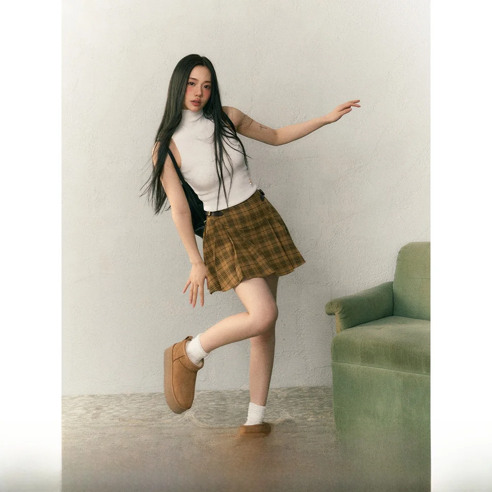 

LaluneDuCiel Original Retro Button Design Plaid A-Line Skirt Women's Pleated High Waist Cheered ort Skirt