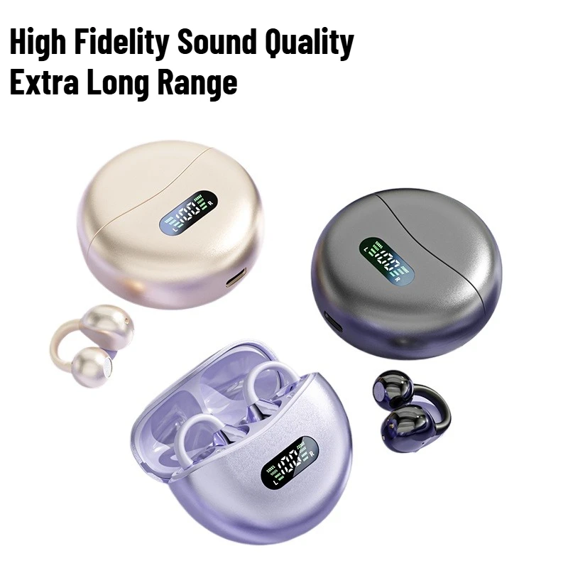 

New Wireless Bone Conduction HIFI Earphones Bluetooth 5.4 Earbuds Clip On Ear With Mic Digital Display Sport Waterproof Headsets