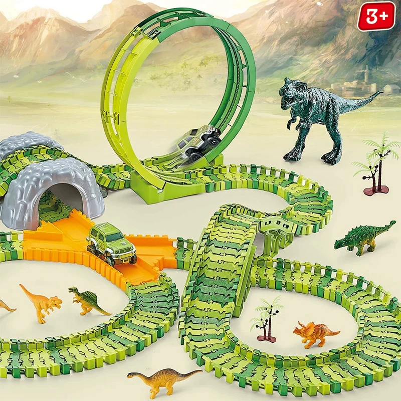 Dinosaur Themed Plastic Racing Track Set Bend Flexible Race Track with Electronic Car Educational Toys for Children