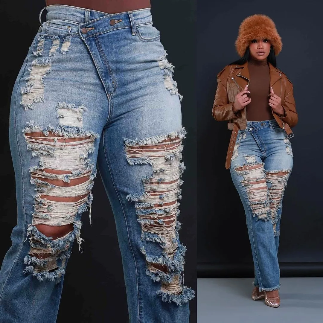 Autumn and Winter New Women's Jeans Straight Personalized Waist Elastic Cut Fringed Jeans Ripped Jeans for Women