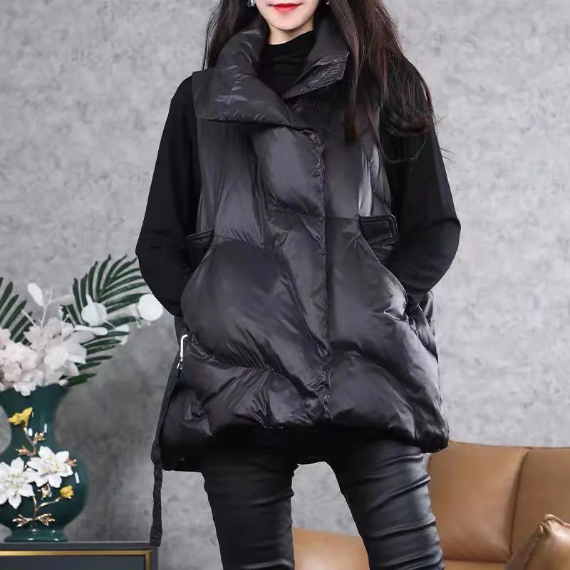 New Winter Down Cotton Vest Women Loose Solid Sleeveless Jacket Coat Female Warm Vests Autumn Lightweight Waistcoat Brown Black