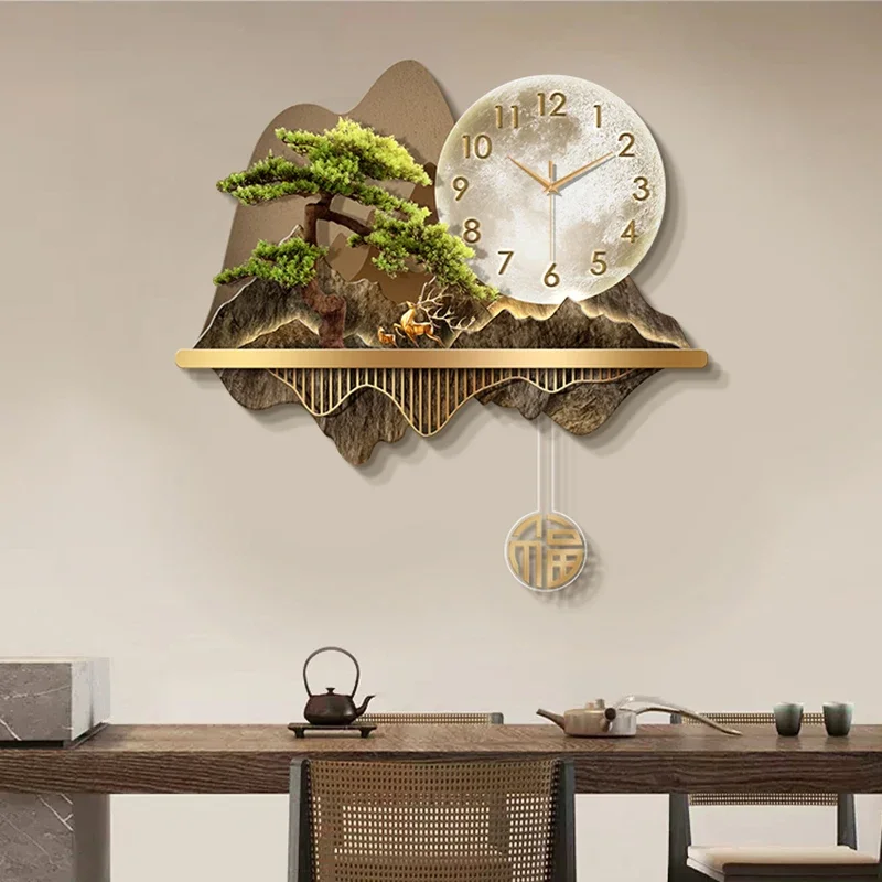 Nordic Luxury Wall Clock with Swing Pendulum Creative Light Painting Scandinavian Style Multi-function Decor for Living Room