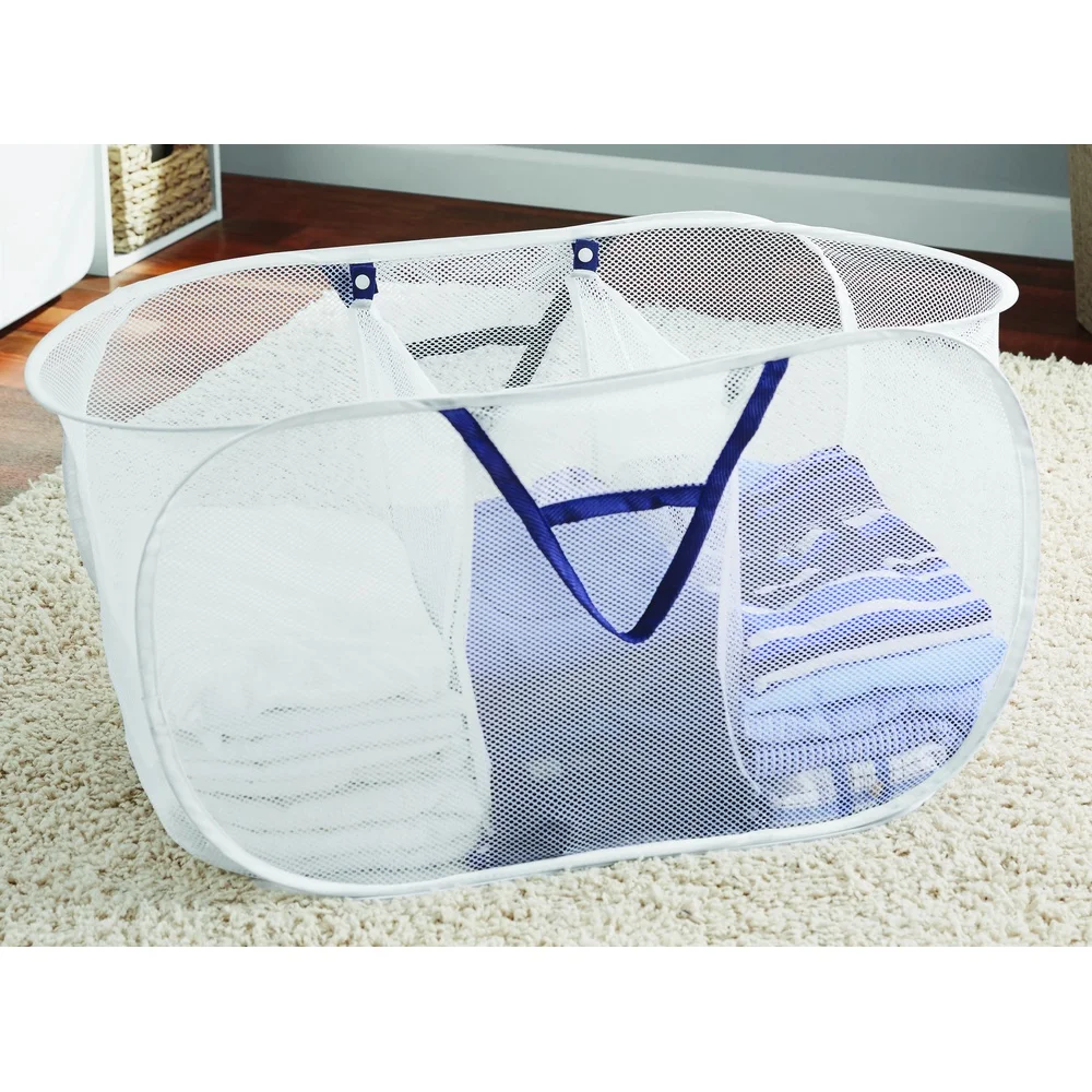 Breathable Polyester Mesh Pop-up Laundry Basket with Three Compartments Sorting Clothes Towels Toys Collapsible Design Easy