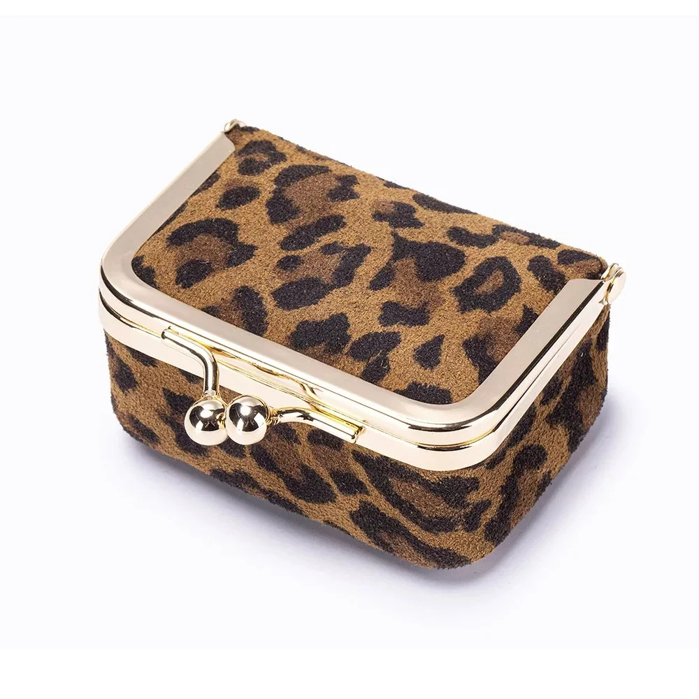 Vintage Leather Mini Jewelry Case, Portable Kiss Lock Organizer Box, Leopard Print Small Purse for Rings Earrings Necklaces