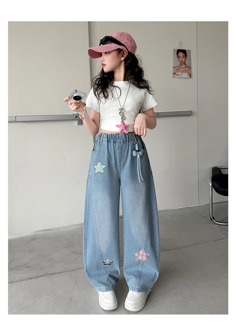Neue Trendige Kinder-Jeans mit Anhänger für Teenager-Mädchen, Modische Street-Denim-Hosen, Kinder-Trendjeans 5-14 Jahre – Detail 8
