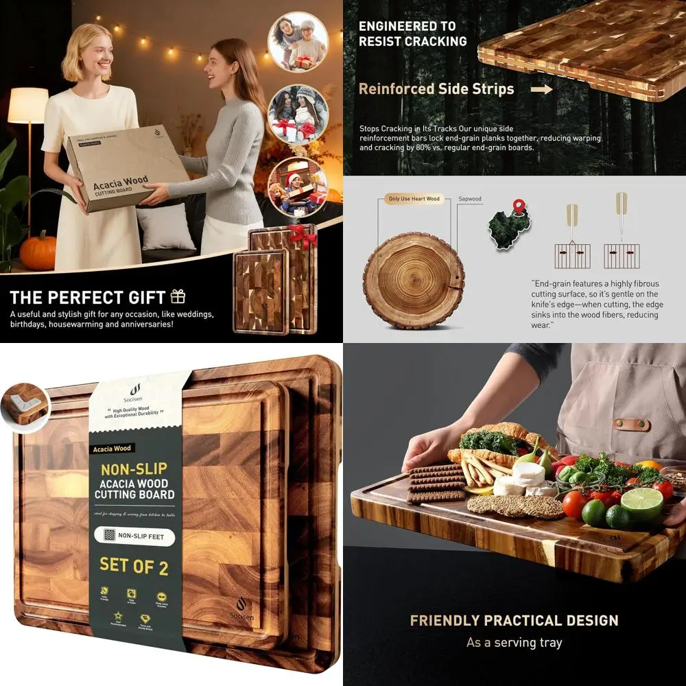 

Pair of Reversible Acacia Wood Cutting Boards with Juice Grooves, Handles, and Non-Slip Feet - Eco-Friendly Kitchen Chopping Blo