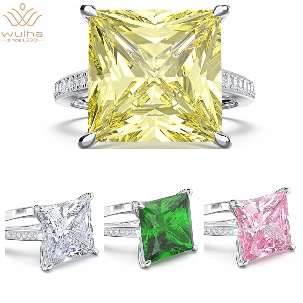 WUIHA Real 925 Sterling Silver Princess Cut 16CT Fancy Vivid Yellow Sapphire Created Moissanite Diamond Ring for Women Men Gifts