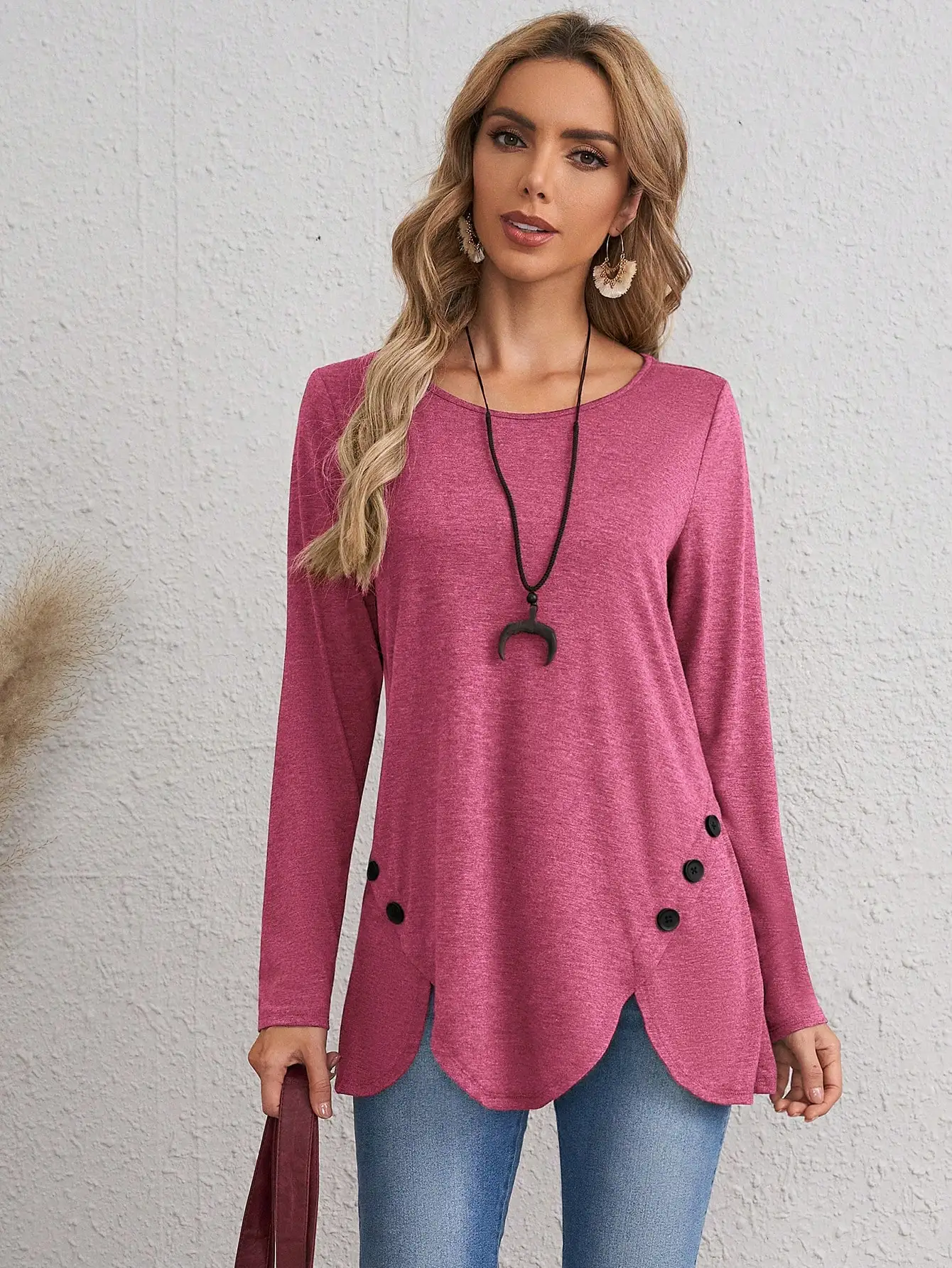 여성용 버튼 장식 스캘럽 밑단 긴 소매 캐주얼 티셔츠 가을 셔츠 겨울 탑 여성 탑