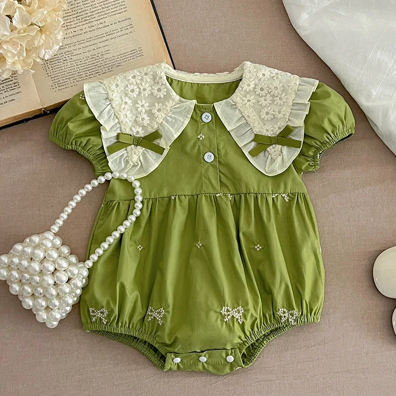 0-24 متر طفلة ملابس طفل الفتيات بذلة جديد الصيف قصيرة الأكمام بذلة القطن التطريز الربط الرضع داخلية