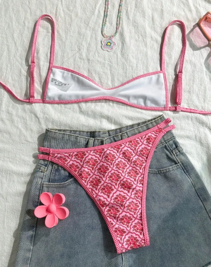Sexy rosa flor impressão micro biquínis define duas peças tanga maiôs conjunto de biquíni tankini beachwear biquini