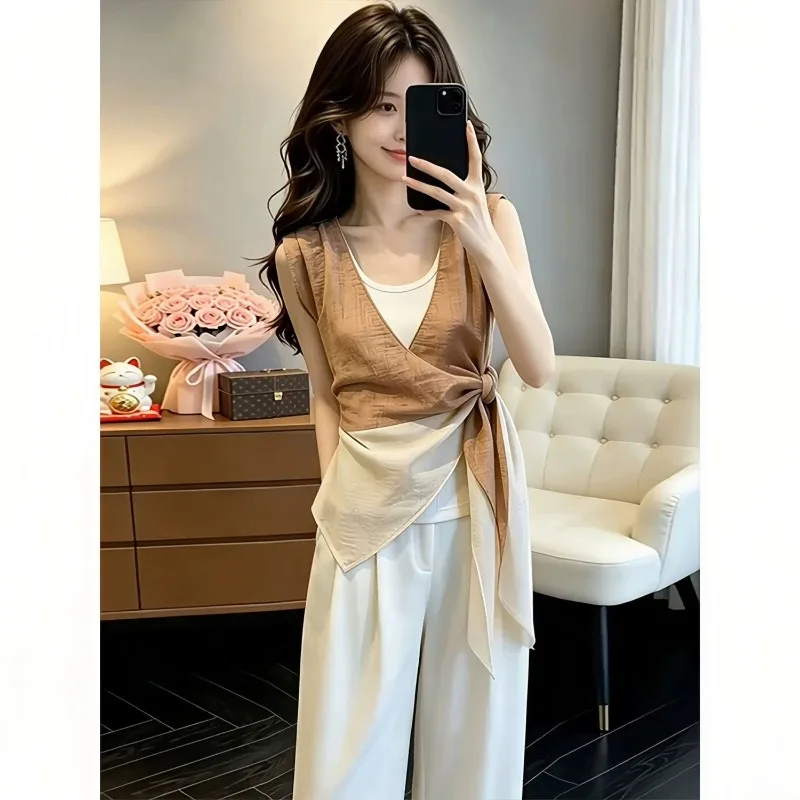 Women Clothing Summer Korean Fashion Loose Solid Color Female Temperament Appear Thin Loose Short Sleeve Fake Two Pieces Top Tee