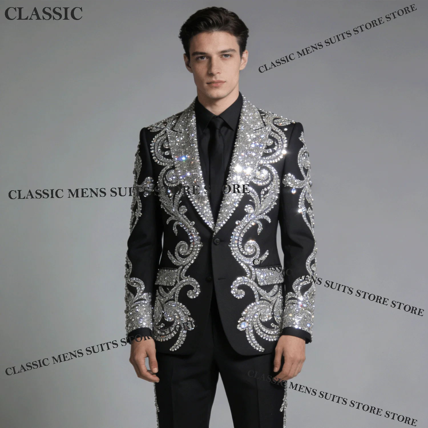 

Sparkly Customized Rhinestone Crystals Men Suits Groom Tuxedos Wedding Male Party 2 Pieces Sets Blazer Peaked Lapel Ropa Hombre