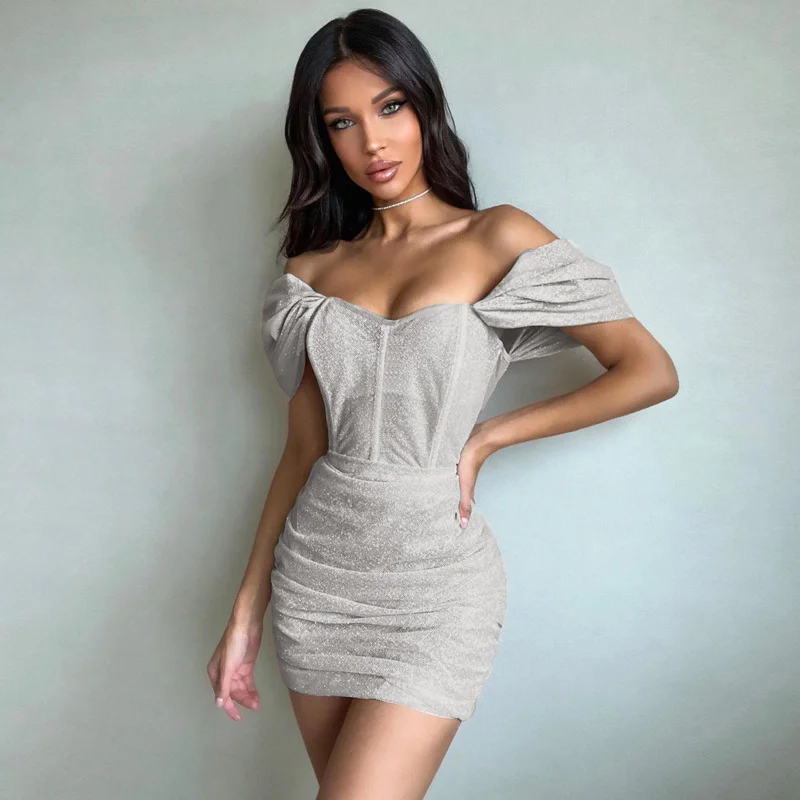 CHRONSTYLE Bling Bling Glitter Women Short Sleeve Off Shoulder Corsets Mini Dresses Ruched Slim Sexy Party Elegant 2022 Vestidos