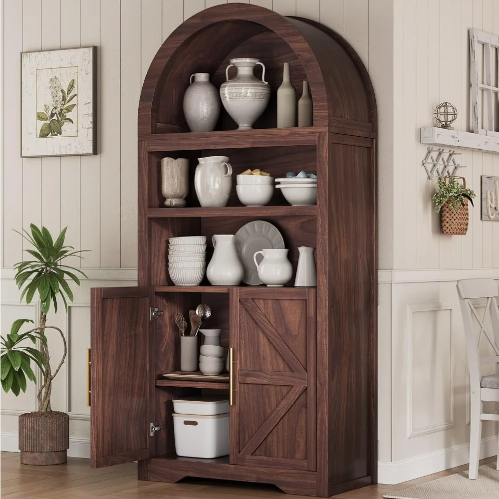

Kitchen Pantry Cabinet, Arched Bookshelf Bookcase China Pantry Storage Cabinet with Doors and Shelves,71“ Tall Food Pantry Funit