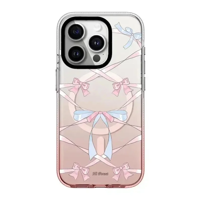 

Swan Bowknot Pink Gradient Transparent Border iPhone 13 14 15 Pro Max Case with MagSafe