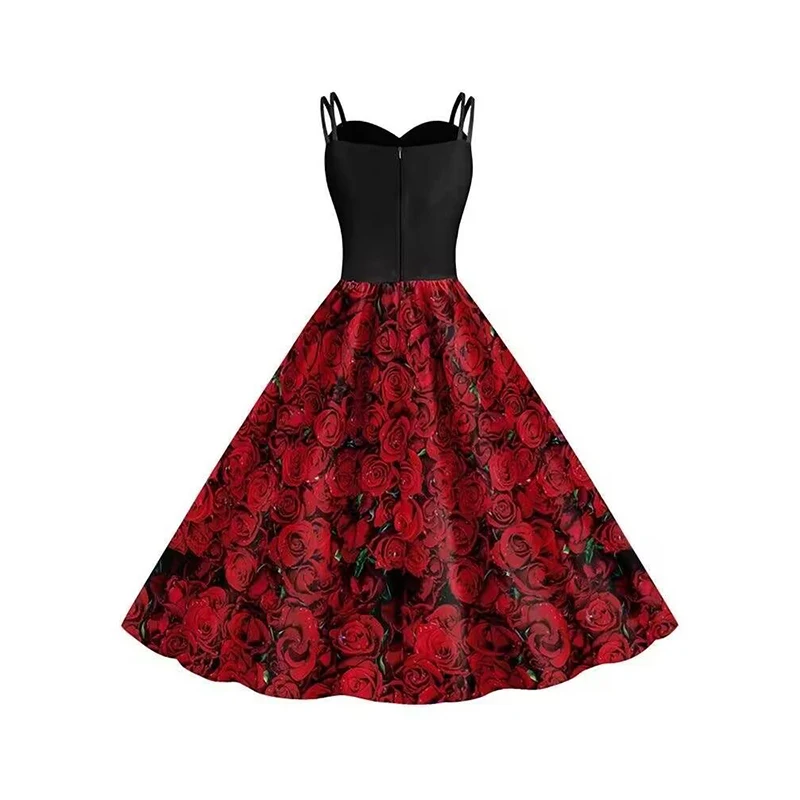 Rose Skeleton Print Halloween Dresses For Women Strapless Gothic Cocktail Punk Vintage Hepburn Party Tunic Skirt Costume Black