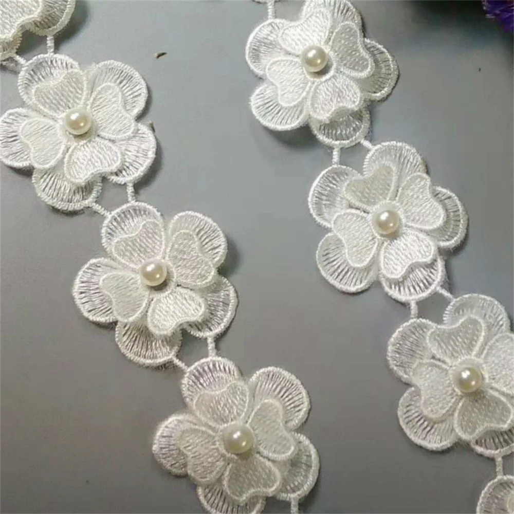 

1 yard White Cotton Flower Pearl Embroidered African Lace Fabric Trim Ribbon Sewing Supplies Craft For Costumes Decoration New