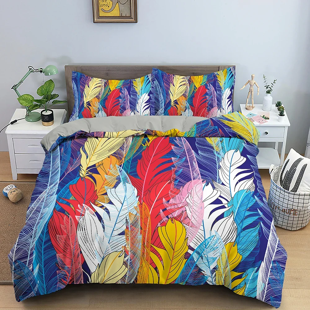 Feathers Duvet Cover Queen/King Size Boho Colorful Bird Feather Bedding Set Tropical Leaves 2/3pcs Polyester Comforter Cover